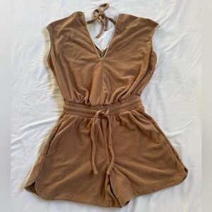 Summersalt V-Neck Terry Romper Brown Elastic Drawstring Waist Brown xs